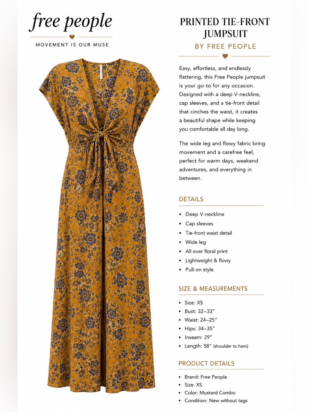 Free People Mustard Floral Tie-Front Jumpsuit
